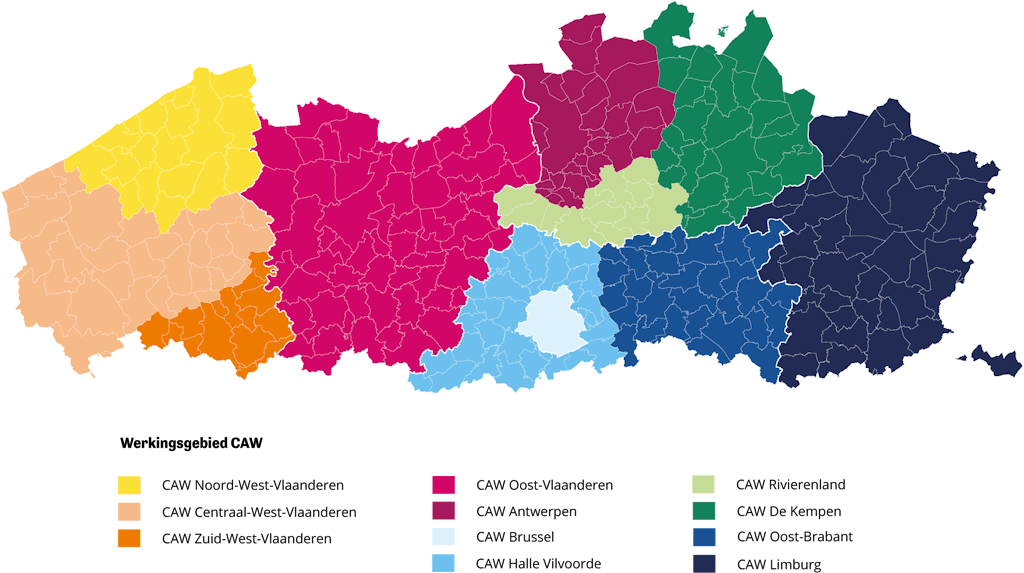Kaart met overzicht van alle CAW-regio's in Vlaanderen.